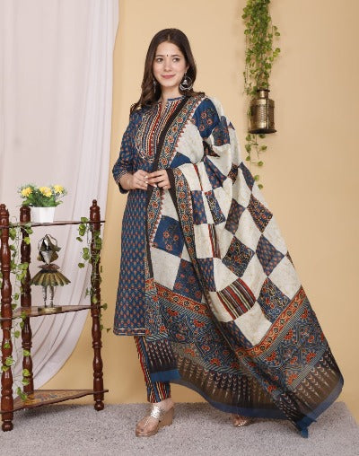 Blue Cotton Hand Block Print Salwar Suit Set