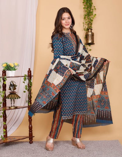 Blue Cotton Hand Block Print Salwar Suit Set