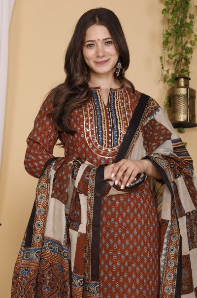 Maroon Cotton Hand Block Print Salwar Suit Set