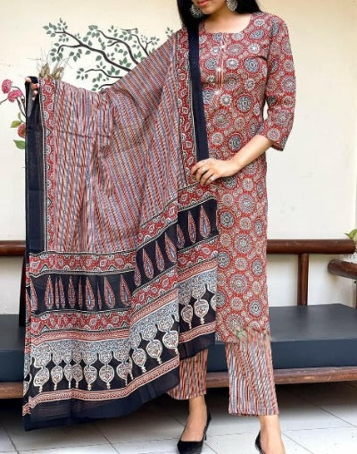 Maroon Cotton Procin Print Salwar Straight Suit Set