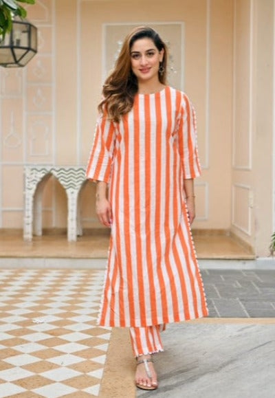Orange And White Stripes Rayon Kurti Pant Set Of 2