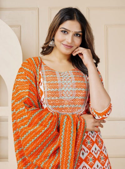Orange Jaipuri Print Cotton Plus Size Salwar Suit Set