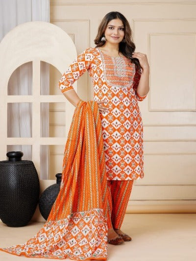 Orange Jaipuri Print Cotton Plus Size Salwar Suit Set