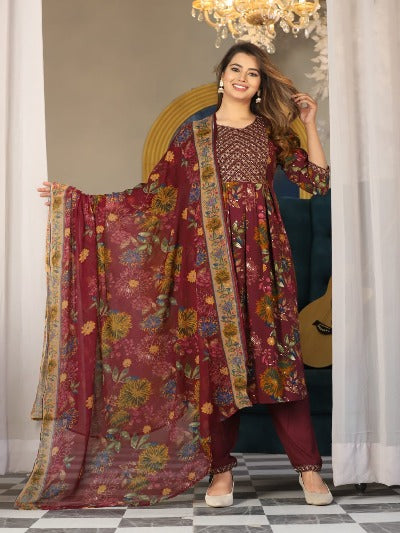 Maroon Floral Rayon Silk Nyra Cut Salwar Suit Set