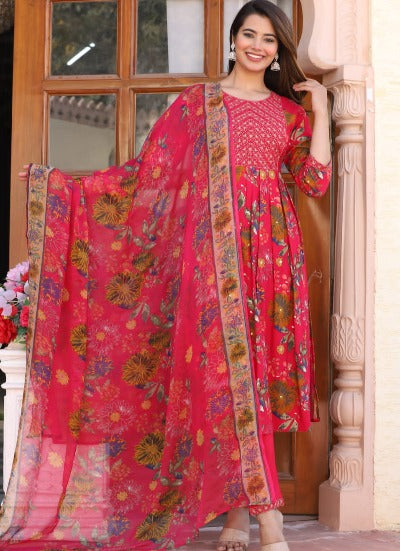Pink Floral Rayon Silk Nyra Cut Salwar Suit Set