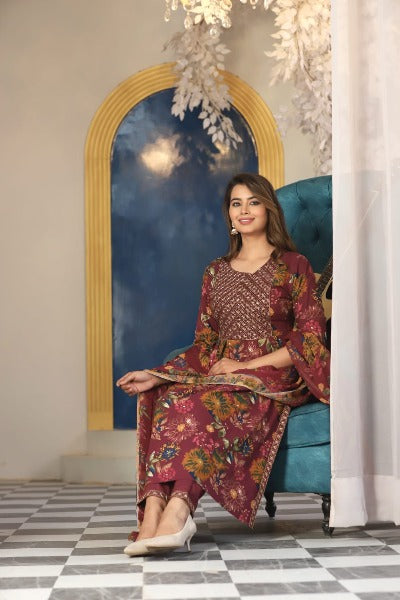 Maroon Floral Rayon Silk Nyra Cut Salwar Suit Set