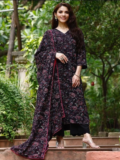 Black Printed Cotton Summer Collection Anarkali Suit Set
