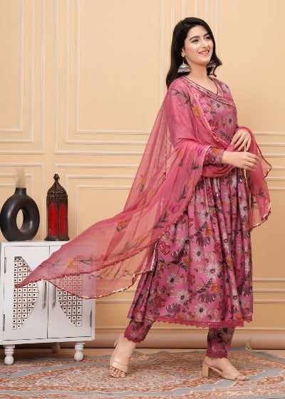 Pink Angharakha Style Muslin Designer Anarkali Suit Set
