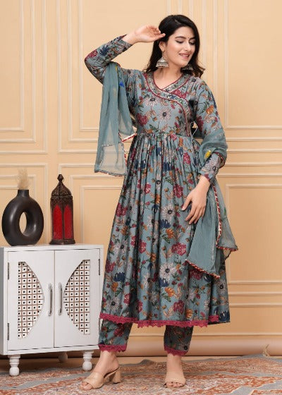 Grey Angharakha Style Muslin Designer Anarkali Suit Set