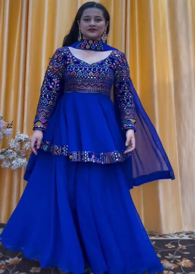 Electric Blue Georgette Embroidered Palazzo Suit Set