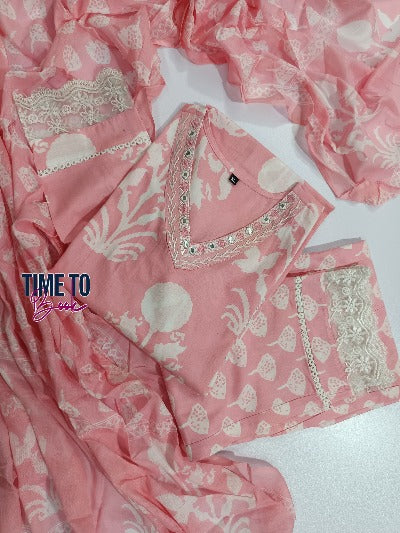 Peachy Pink Cotton Embroidery Pithan Work Salwar Suit Set