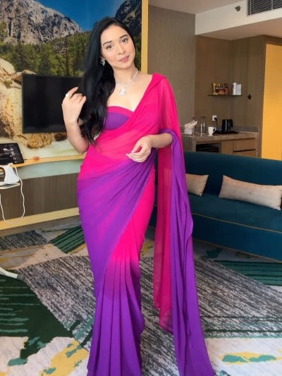 1 Min Pink Purple Shaded Georgette Stitched Readymade Saree