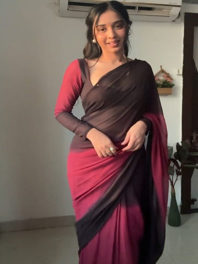 1 Min Pink Black Shaded Georgette Stitched Readymade Saree
