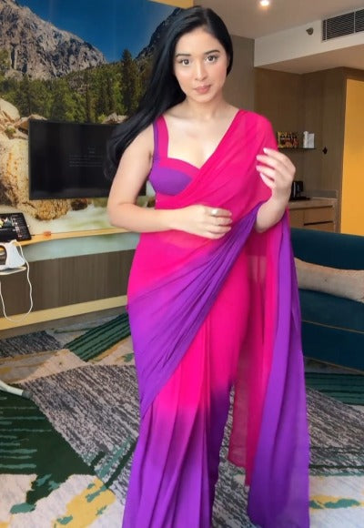 1 Min Pink Purple Shaded Georgette Stitched Readymade Saree