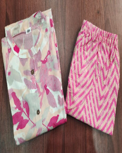 Pink Floral Print Cotton Kurti Pant Set Of 2