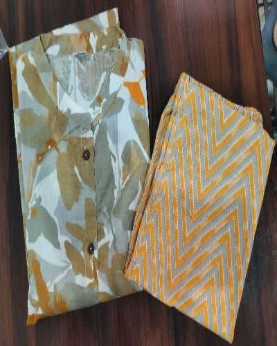 Yellow Fresh Print Cotton Kurti Pant Set Of 2