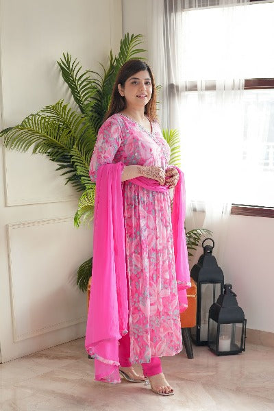 Pink Floral Chinnon Angrakha Alia Cut Anarkali Suit Set