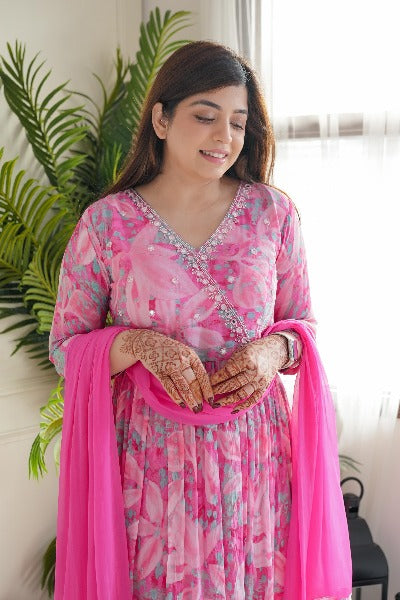 Pink Floral Chinnon Angrakha Alia Cut Anarkali Suit Set