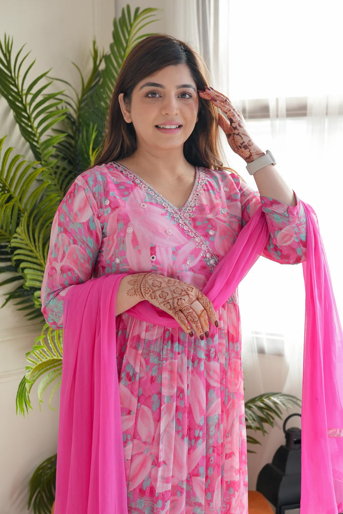 Pink Floral Chinnon Angrakha Alia Cut Anarkali Suit Set