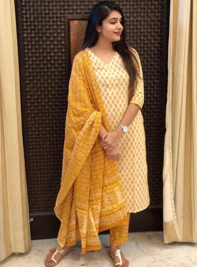 Yellow Saganeri Block Print Cotton Salwar Suit Set