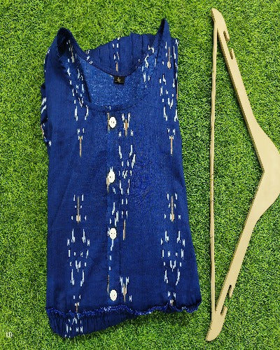 Blue Cotton Ikkat Print Middi Dress 1Pc