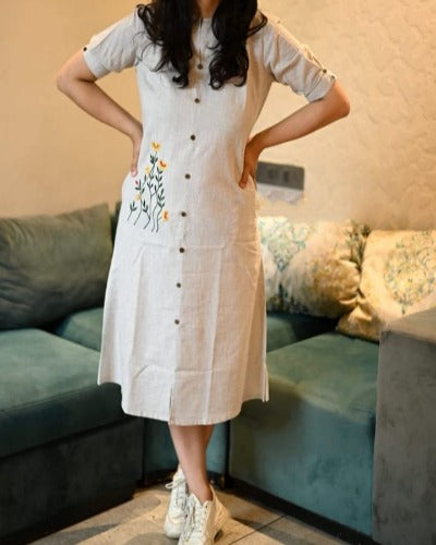 Off White Khadi Cotton Embroidered Middi Dress 1PC