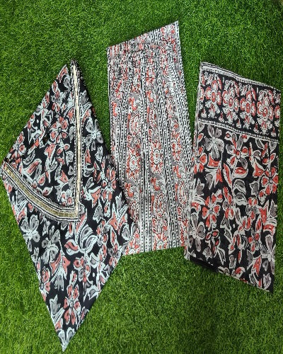 Black Floral Print Cotton Afghani Style Suit Set