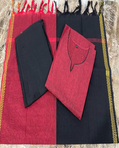 Brick Maroon & Black South Cotton Handloom Salwar Suit Set