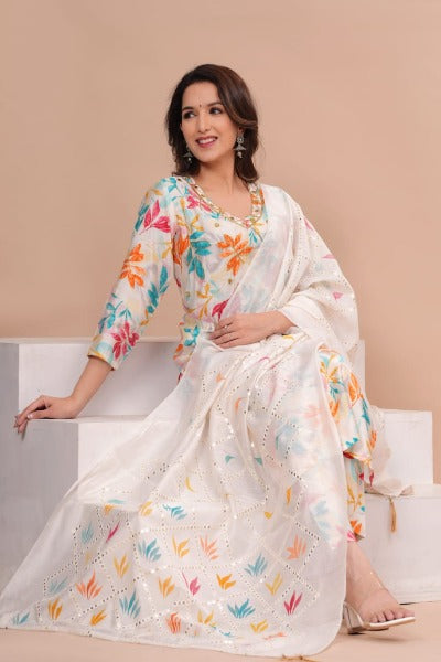 White Muslin Multicolour Leaf Print Salwar Suit Set