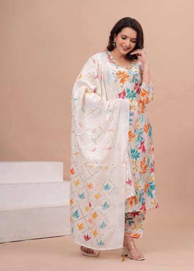 White Muslin Multicolour Leaf Print Salwar Suit Set