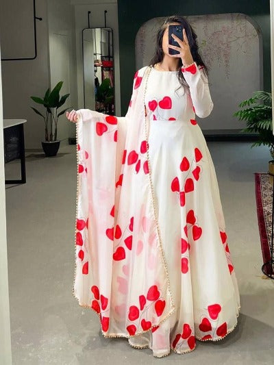 White Georgette Red Heart Print Anarkali Gown With Dupatta Set Of 2
