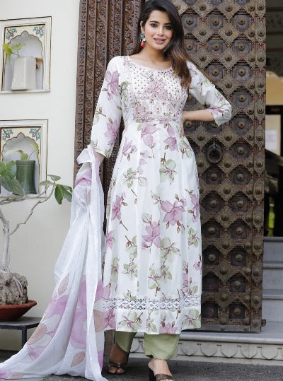 White Rayon Floral Embroidered Anarkali Suit Set