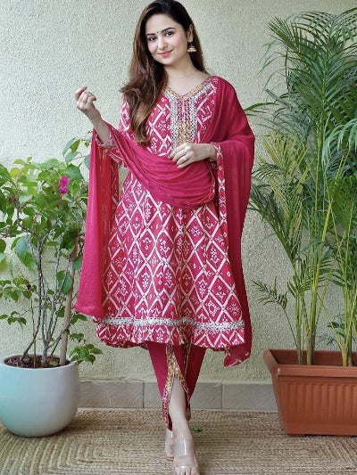 Red Cotton Embellished Anarkali Dhoti Suit Set