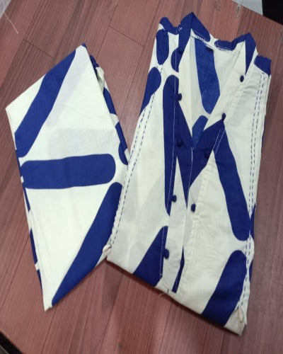 Blue & White Geometric Print Cotton Kurti Pant Set Of 2