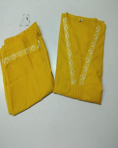 Mustard Yellow Cotton Embroidered Kurti Pant Set Of 2