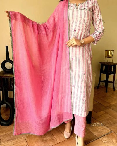 Pink White South Handloom Cotton Salwar Suit Set