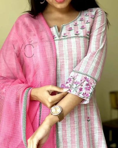 Pink White South Handloom Cotton Salwar Suit Set