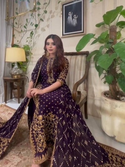 Purple Georgette Gold Embroidered Sequence Straight Suit Set