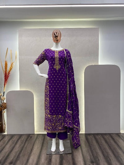 Purple Georgette Gold Embroidered Sequence Straight Suit Set