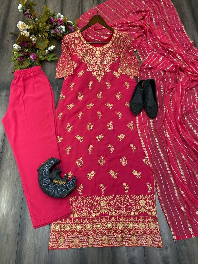 Hot Pink Georgette Gold Embroidered Sequence Straight Suit Set