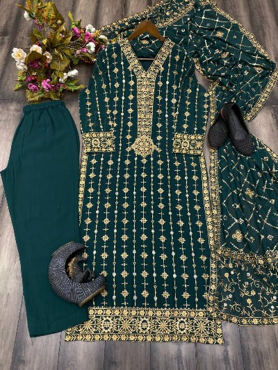 Green Georgette Gold Embroidered Sequence Straight Suit Set