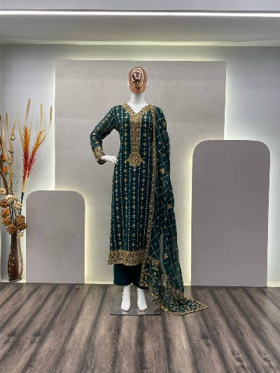Green Georgette Gold Embroidered Sequence Straight Suit Set