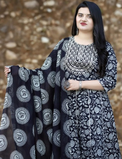 Black Cotton Printed Anarkali Suit Set With Malmal Dupatta