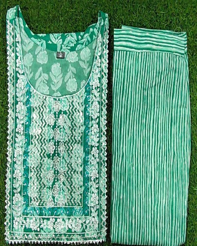 Aqua Green Cotton Printed Kurti Pant Set Of 2