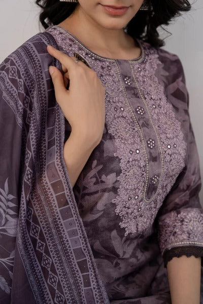 Brown Tone Floral Print Embellished Salwar Suit Set