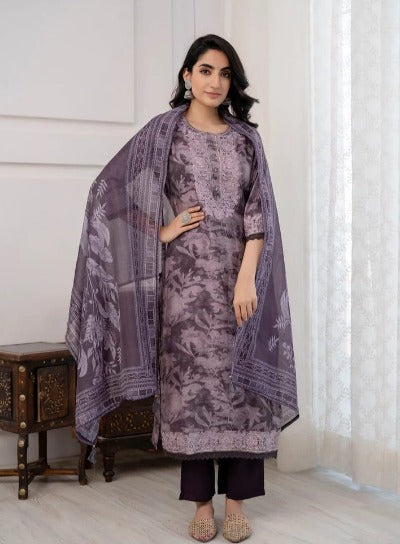 Brown Tone Floral Print Embellished Salwar Suit Set