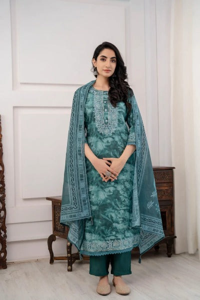 Sea Green Floral Print Embellished Salwar Suit Set