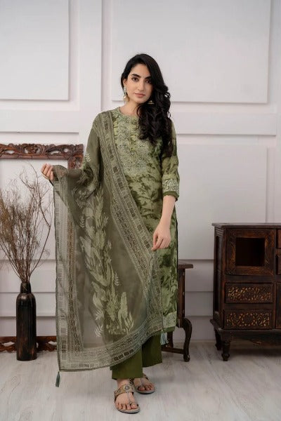 Olive Green Floral Print Embellished Salwar Suit Set 