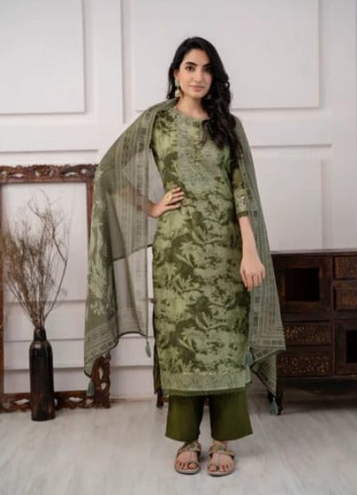 Olive Green Floral Print Embellished Salwar Suit Set 
