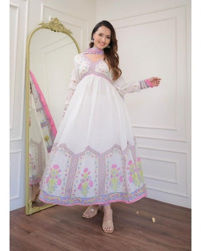 White & Pink Alia Cut Mulmul Cotton Afghani Anarkali Suit Set 